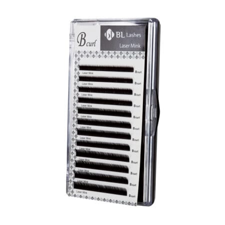Laser Mink_under BL Lashes Laser Mink eyelash extensions in B curl, arranged in multiple rows inside a clear lash case.