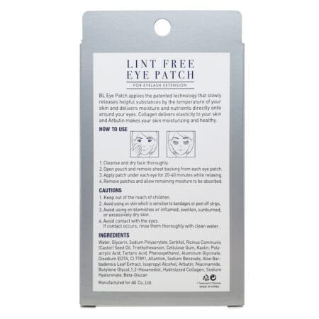 Lint Free Eyepatch_BL_Box 2 copy Back of BL Lint Free Eye Patch packaging with usage instructions, cautions and ingredients for hydrogel under-eye patches used during eyelash extension treatments.