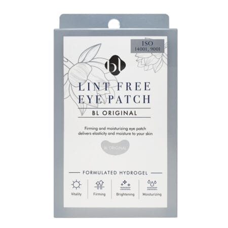 Lint Free Eyepatch_BL_Box copy BL Original Lint Free Eye Patch hydrogel under-eye patches in silver retail packaging for professional eyelash extension treatments.