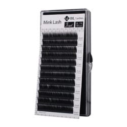 BL Lashes Mink Lash eyelash extensions in J curl, 0.15 mm thickness and 10 mm length, arranged in rows inside a clear lash case.