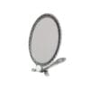 MIRROR_3 Ornate oval silver tabletop mirror with a decorative vintage-style frame and folding stand on a white background.