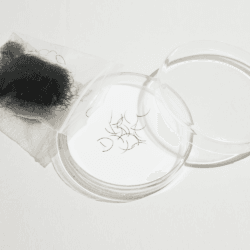 Loose mink eyelash extensions in a clear storage container with additional lash fibres in a small transparent bag.