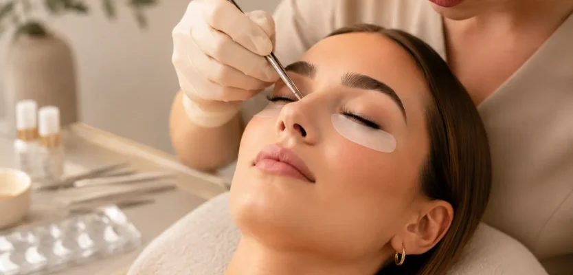 Lash artist performing a precise eyelash treatment on one eye of a reclining client.