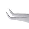 RV 1 확대 Close-up of two stainless steel angled precision tweezers with sharp tips, designed for professional eyelash extension application, on a white background.