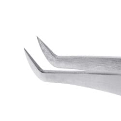 Close-up of two stainless steel angled precision tweezers with sharp tips, designed for professional eyelash extension application, on a white background.