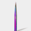 Close-up of VETUS precision eyelash tweezers with a rainbow iridescent finish and fine pointed tips for professional lash application.