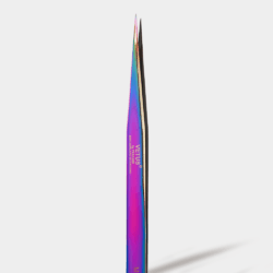 Rainbow Tweezers - I 1 Close-up of VETUS precision eyelash tweezers with a rainbow iridescent finish and fine pointed tips for professional lash application.
