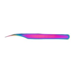 Rainbow iridescent curved precision tweezers with fine pointed tips for professional eyelash extension application.
