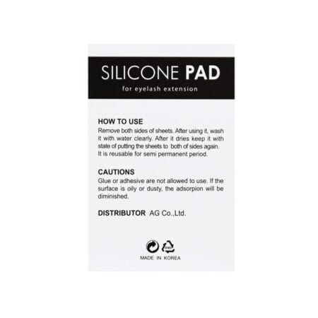 SILICONE PAD_Back Back of silicone pad packaging for eyelash extensions with usage instructions, cautions, distributor details and product information on a white background.