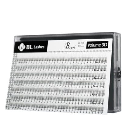 BL Lashes Volume 3D pre-made eyelash extensions in B curl, 0.07 mm thickness and 10 mm length, arranged in rows inside a clear lash case.