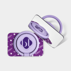 Purple BL Lashes compact mirror with a folding ring stand, shown open and closed on a light grey background.
