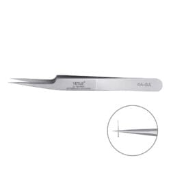 Stainless steel VETUS 5A-SA precision tweezers with fine angled tips for isolating and handling individual eyelash extensions.