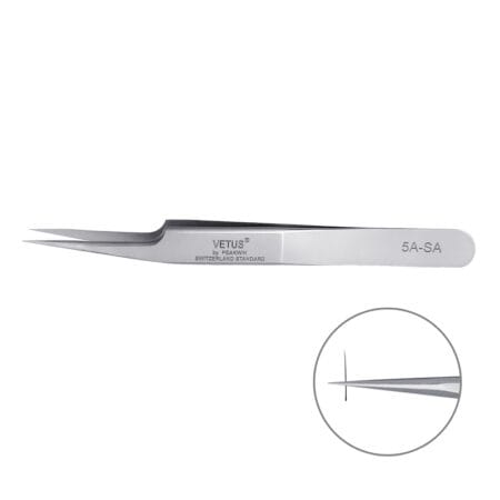 Stainless steel VETUS 5A-SA precision tweezers with fine angled tips for isolating and handling individual eyelash extensions.