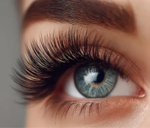 Lash stylist assessing a finished eyelash extension treatment, highlighting precise application, consistent results, and professional client care that supports long-term retention.