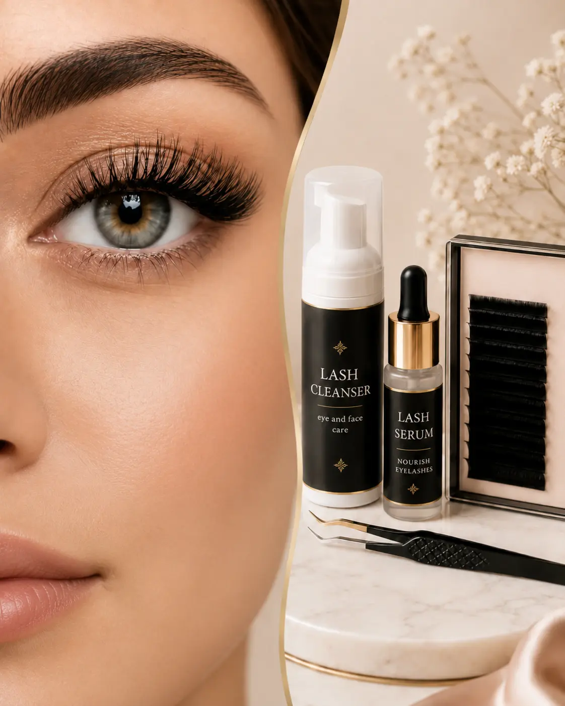Nahaufnahme einer Frau mit langen Wimpernextensions neben Lash Cleanser, Wimpernserum, Wimperntray und Pinzetten.