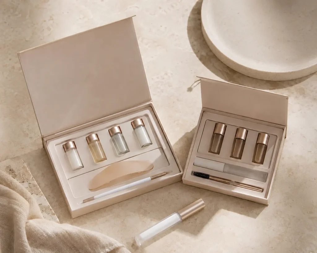 Flatlay eines Lash-Lift-Sets, Brow-Lamination-Sets und Wimpernwachstumsserums