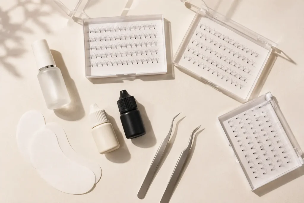 Flatlay von professionellem Zubehör für Wimpernverlängerungen aus der Vogelperspektive