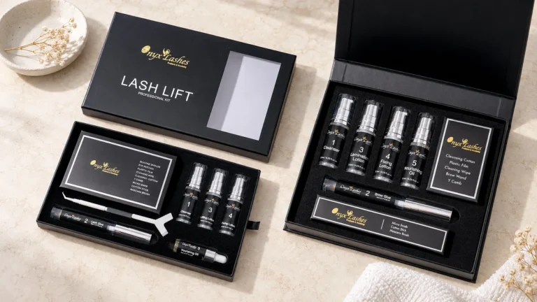 Offene Lash-Lifting- und Brow-Lamination-Kits von Onyx Lashes nebeneinander auf heller Steinfläche.