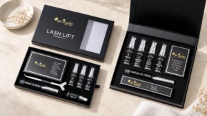 Kit lash lift e brow lamination Onyx Lashes aperti uno accanto all’altro su una superficie chiara in pietra.