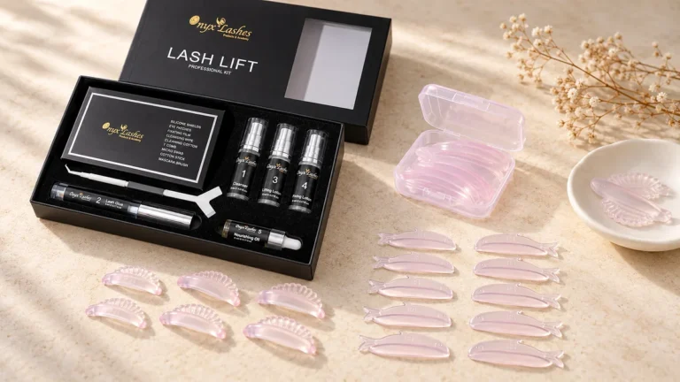 Rosa Silikonpads mit rundem Rod und Flat Root in verschiedenen Grössen neben dem offenen Onyx Lash Lift Kit.